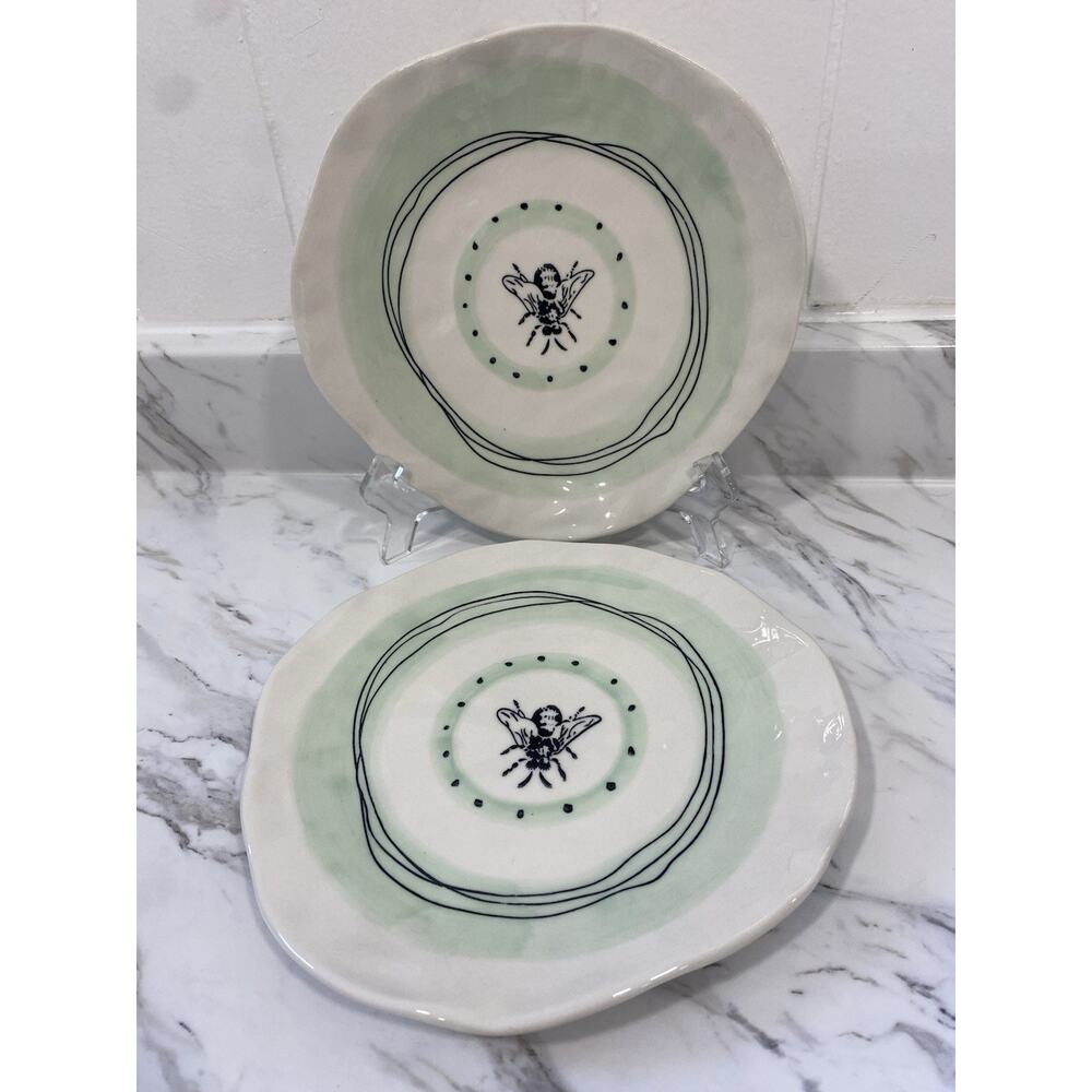 Creative Co-Op DA7604A 8” Stoneware 2 Bee Plates Mint Green Insect Cottagecore